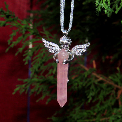 Genuine Rose Quartz Gemstone shard and Angel Hanging Ornament