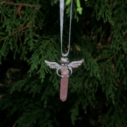 Genuine Rose Quartz Gemstone shard and Angel Hanging Ornament