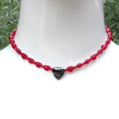 Skulls and Gemstones with Hematite Heart Necklace