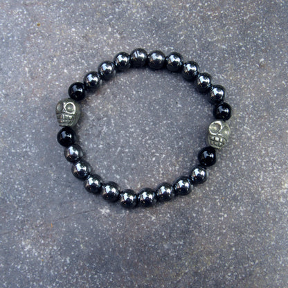 Hematite Gemstone and Skulls bracelet