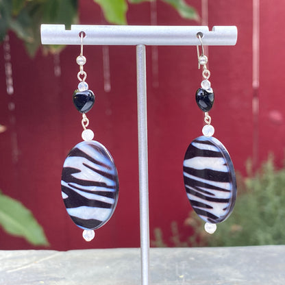 Mother of Pearl Zebra Print and Onyx, Moonstone Gemstone Earrings