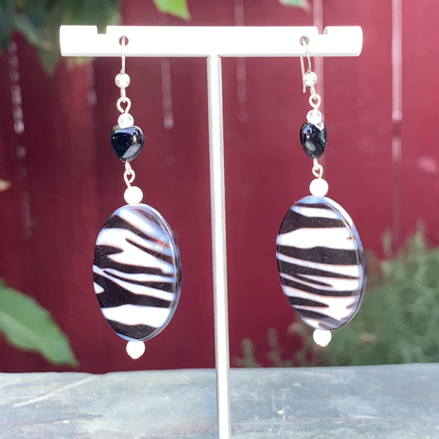 Mother of Pearl Zebra Print and Onyx, Moonstone Gemstone Earrings