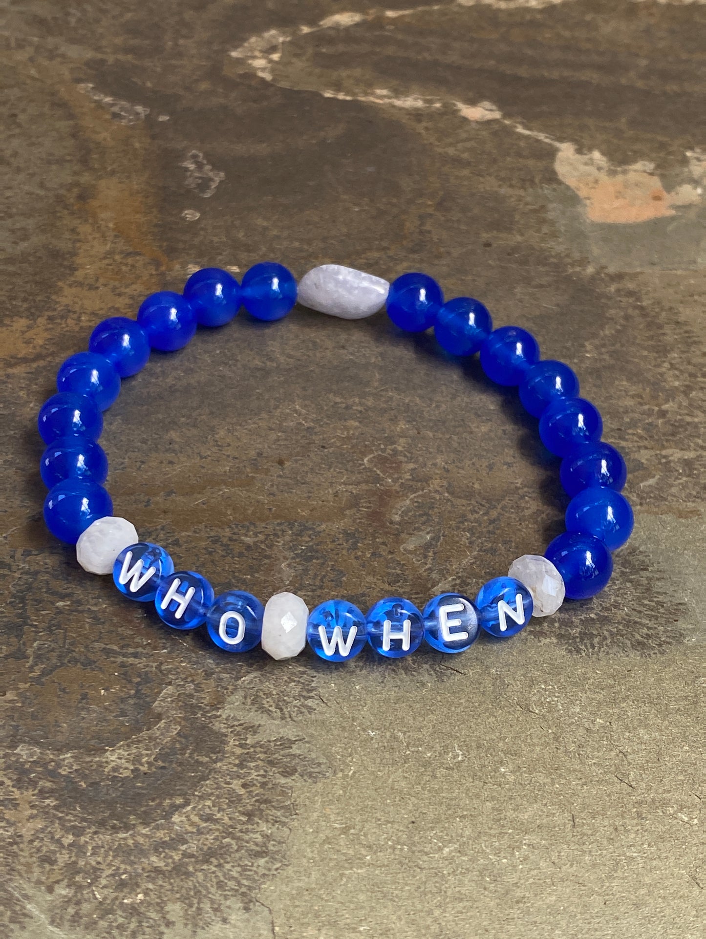 Men's Blue Onyx Gemstone "Who, When" phrase Bracelet