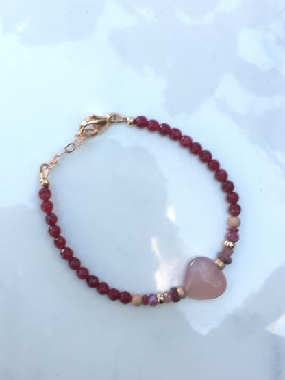 Women's chalcedony Pink Heart Gemstone, red jade, pink tourmaline, pink sapphires & rubies bracelet