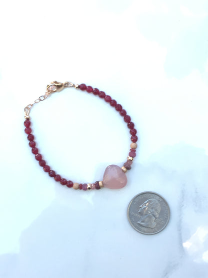 Women's chalcedony Pink Heart Gemstone, red jade, pink tourmaline, pink sapphires & rubies bracelet