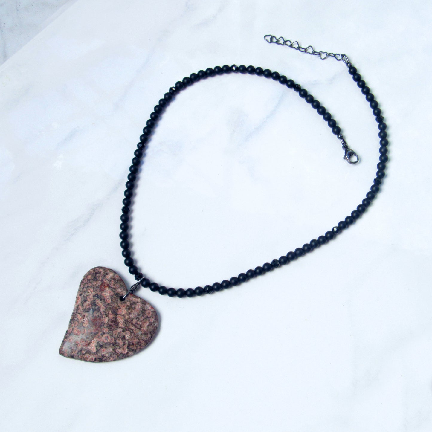 Leopard Print Jasper Gemstone Heart Pendant on Onyx and Spinel Necklace