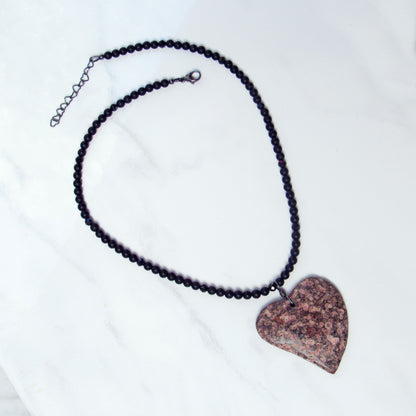 Leopard Print Jasper Gemstone Heart Pendant on Onyx and Spinel Necklace