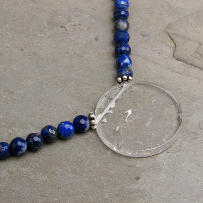 Lapis Lazuli and Clear Quartz gemstone disk Pendant necklaces