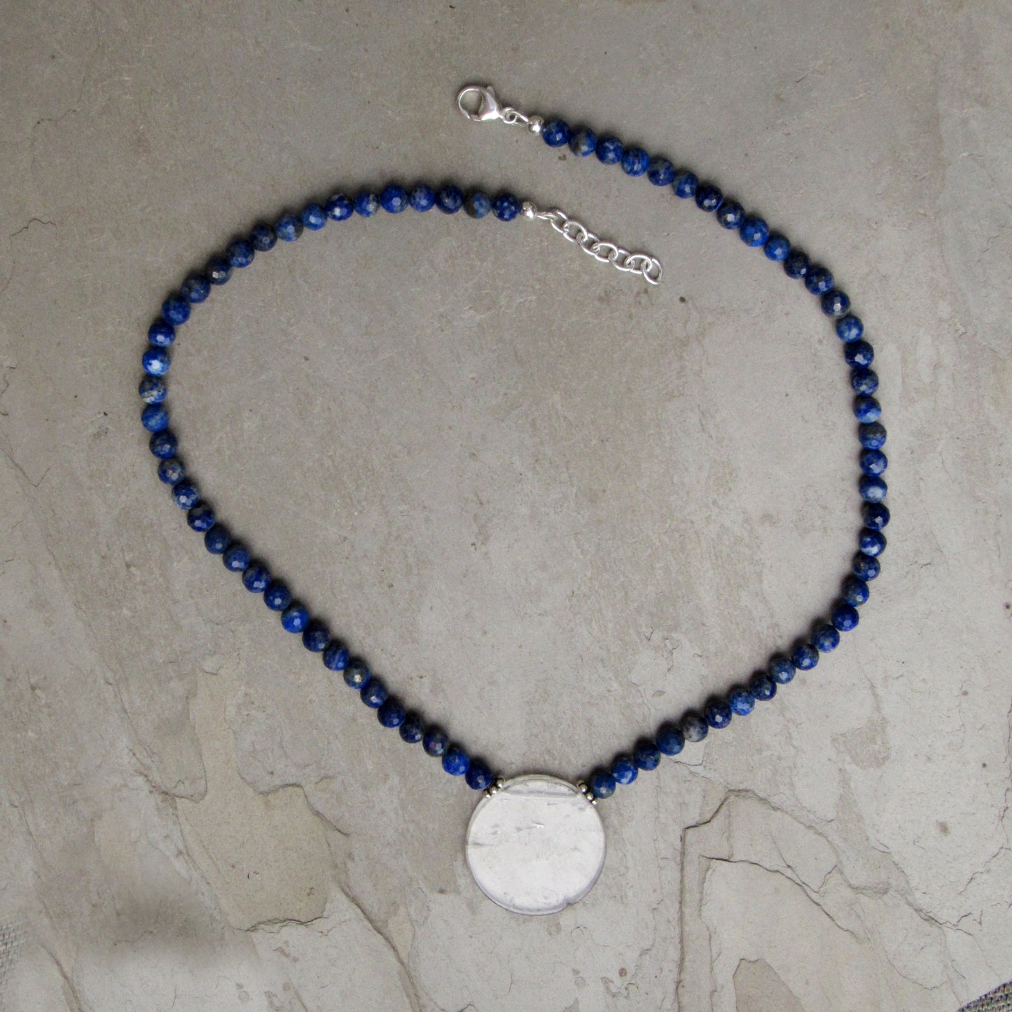 Lapis Lazuli and Clear Quartz gemstone disk Pendant necklaces