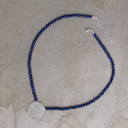 Lapis Lazuli and Clear Quartz gemstone disk Pendant necklaces