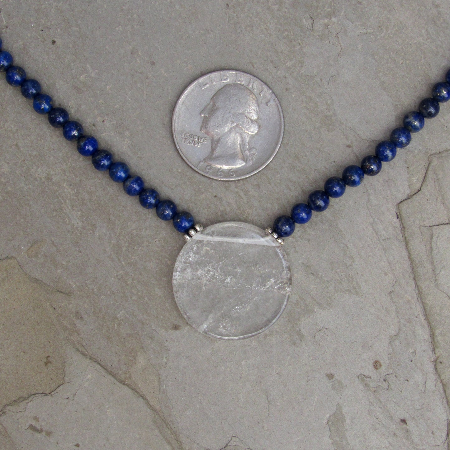 Lapis Lazuli and Clear Quartz gemstone disk Pendant necklaces