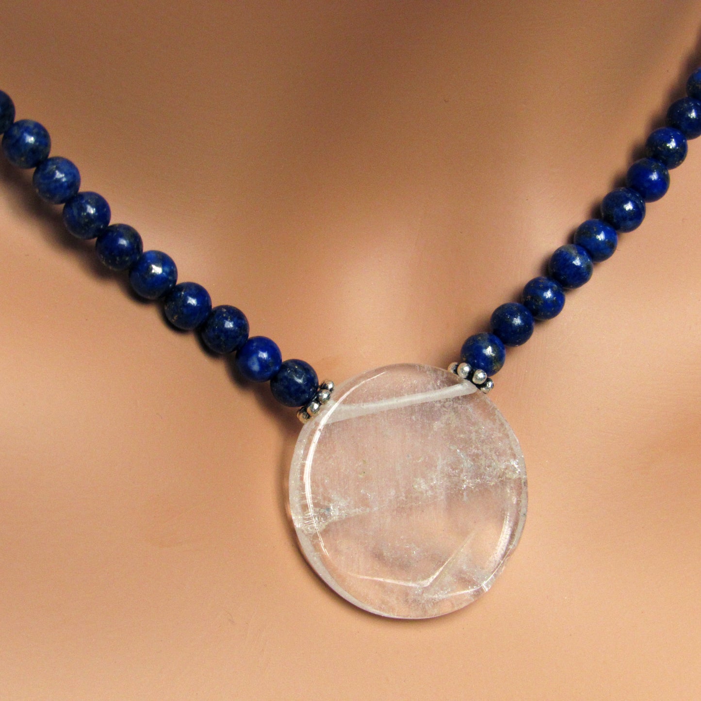 Lapis Lazuli and Clear Quartz gemstone disk Pendant necklaces