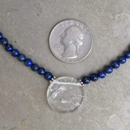 Lapis Lazuli and Clear Quartz gemstone disk Pendant necklaces