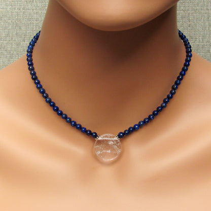 Lapis Lazuli and Clear Quartz gemstone disk Pendant necklaces