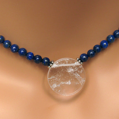 Lapis Lazuli and Clear Quartz gemstone disk Pendant necklaces