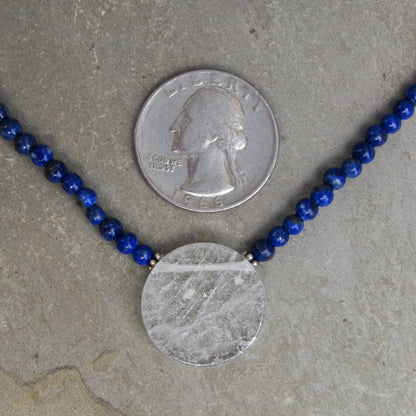 Lapis Lazuli and Clear Quartz gemstone disk Pendant necklaces