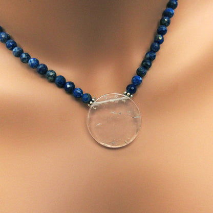 Lapis Lazuli and Clear Quartz gemstone disk Pendant necklaces