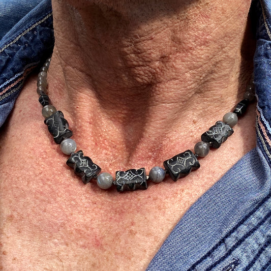 Men's Labradorite, old black jade, and silver smoke jasper, and oxidized sterling silver necklace