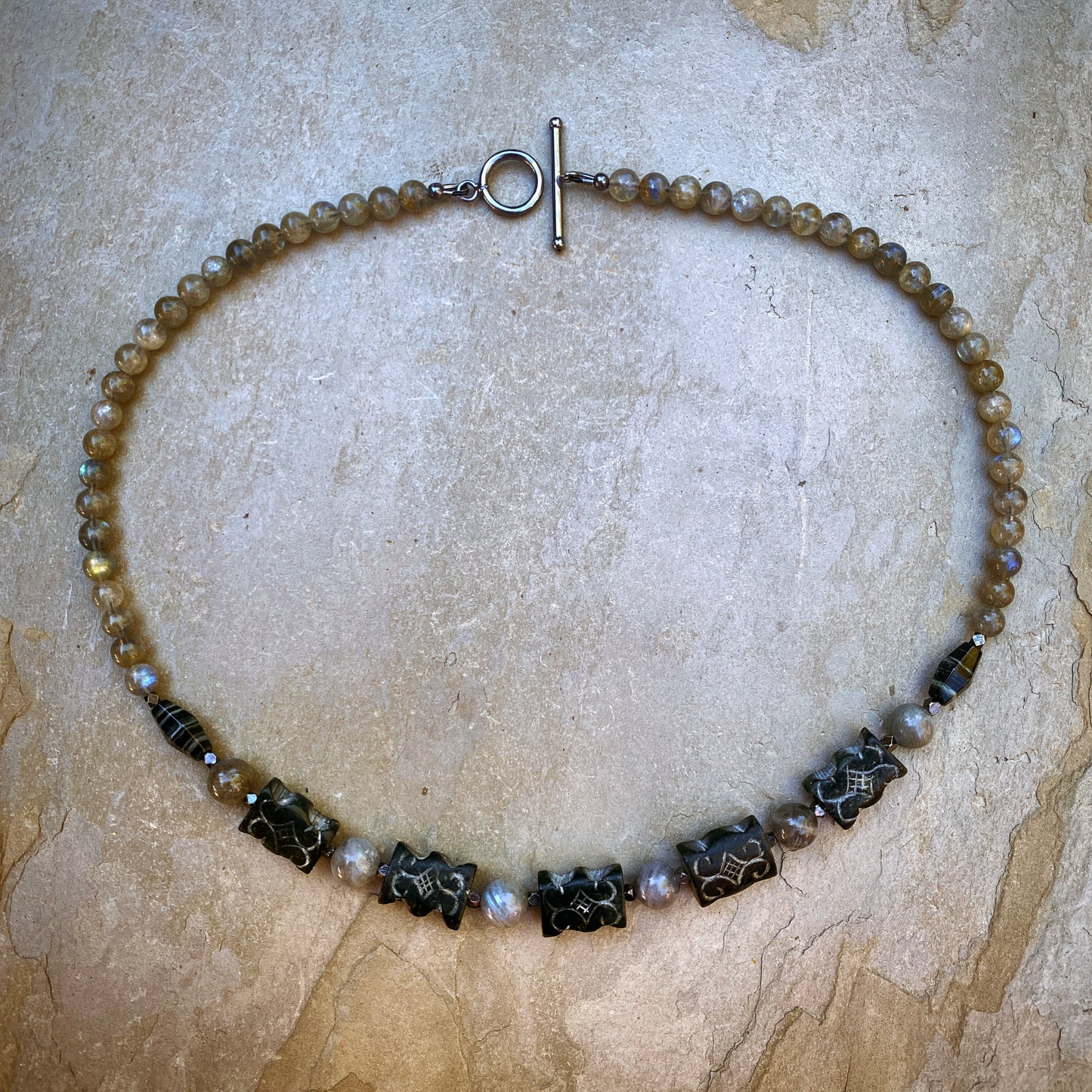 Men's Labradorite, old black jade, and silver smoke jasper, and oxidized sterling silver necklace