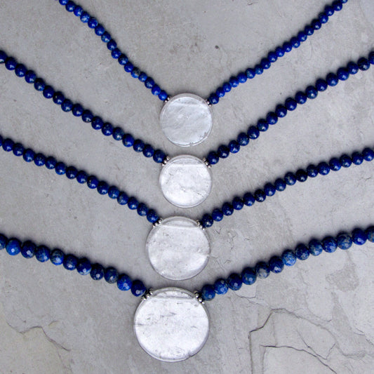 Lapis Lazuli and Clear Quartz gemstone disk Pendant necklaces