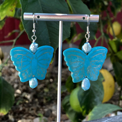 Large Howlite Gemstone Butterfly with Freshwater Pearls Earrings