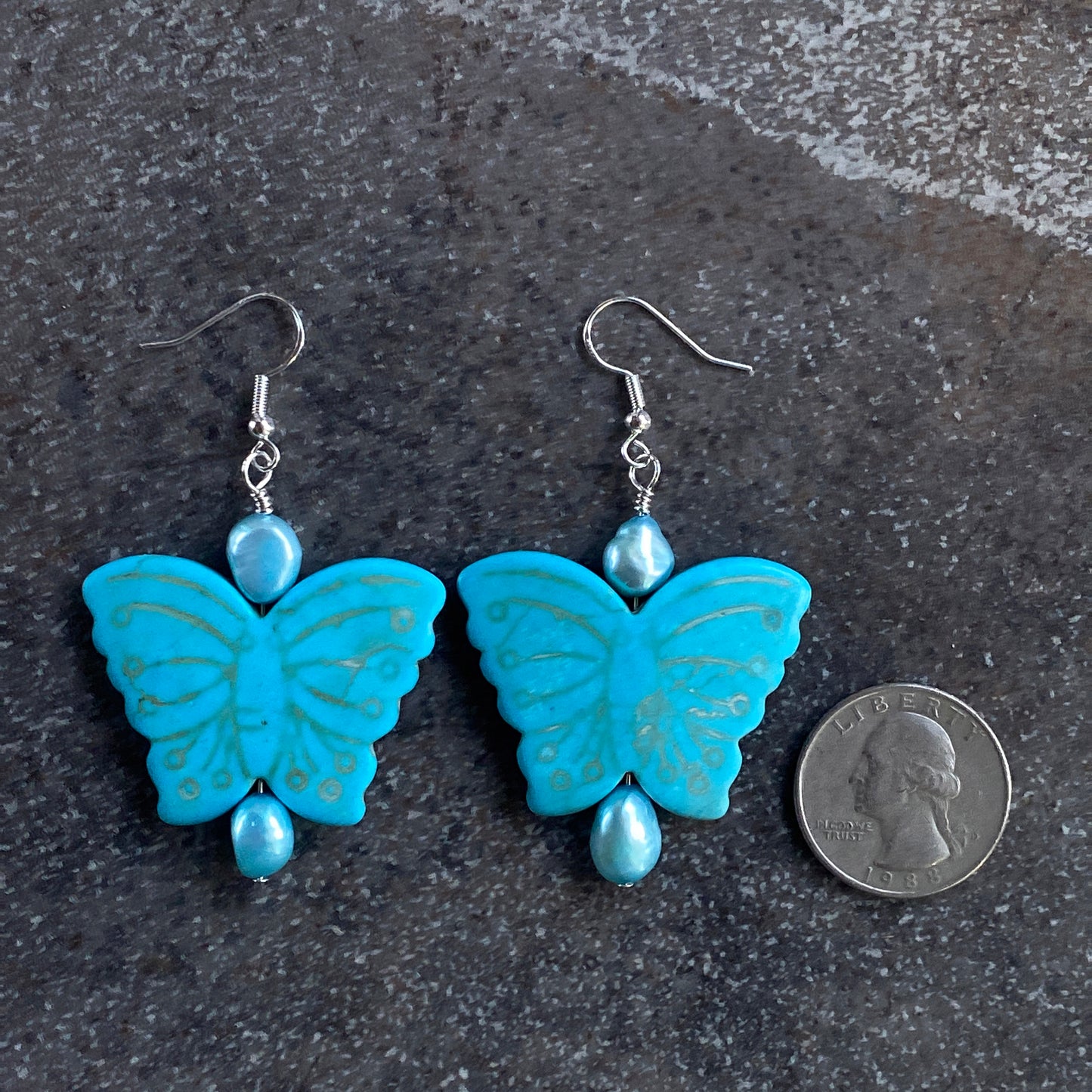 Large Howlite Gemstone Butterfly with Freshwater Pearls Earrings