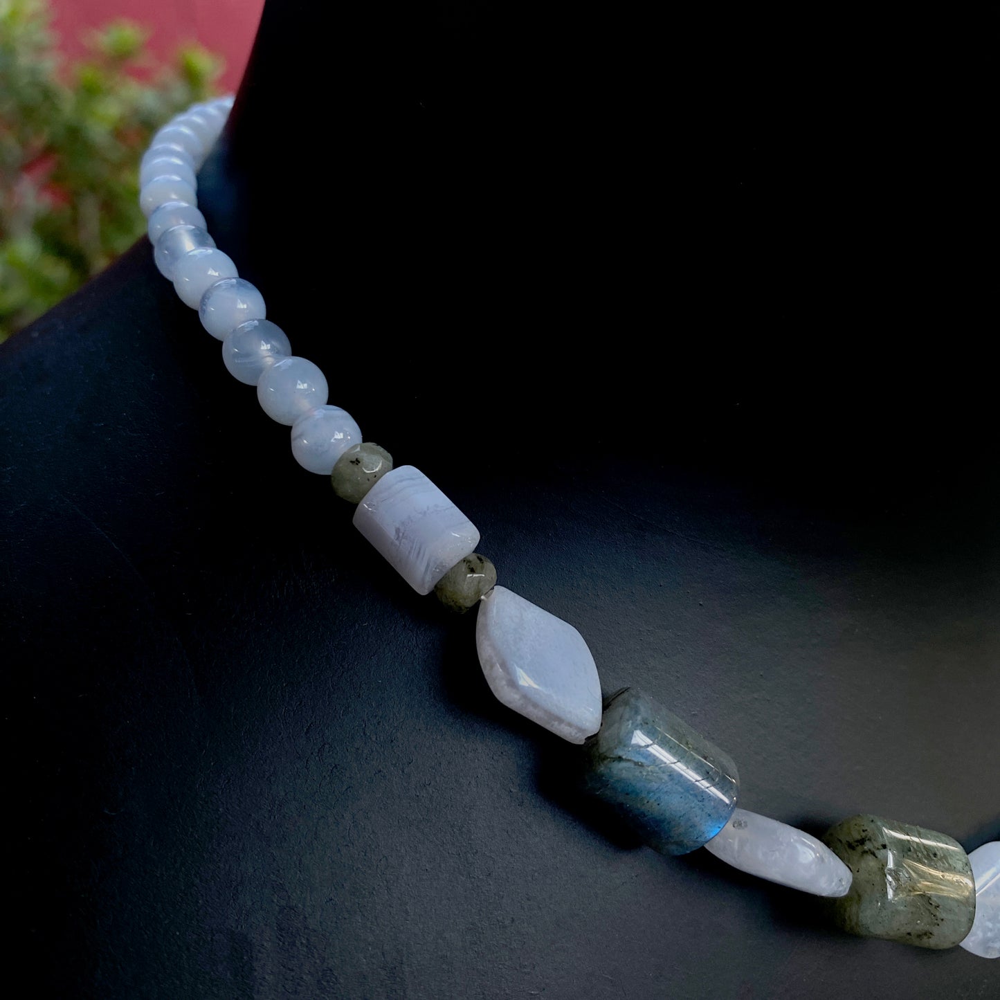 Men's Gray Labradorite with Blue lace agate Gemstone necklace