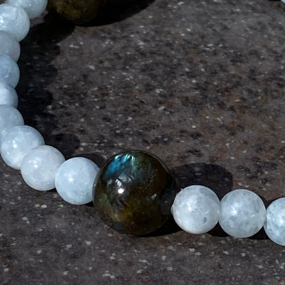 Men’s Aquamarine & black Labradorite semiprecious Gemstone stretch bracelet.