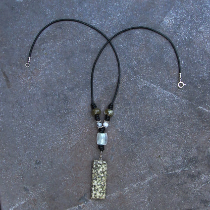 Ocean Jasper Gemstone and Quartz with Sterling Silver on Black Leather Necklace