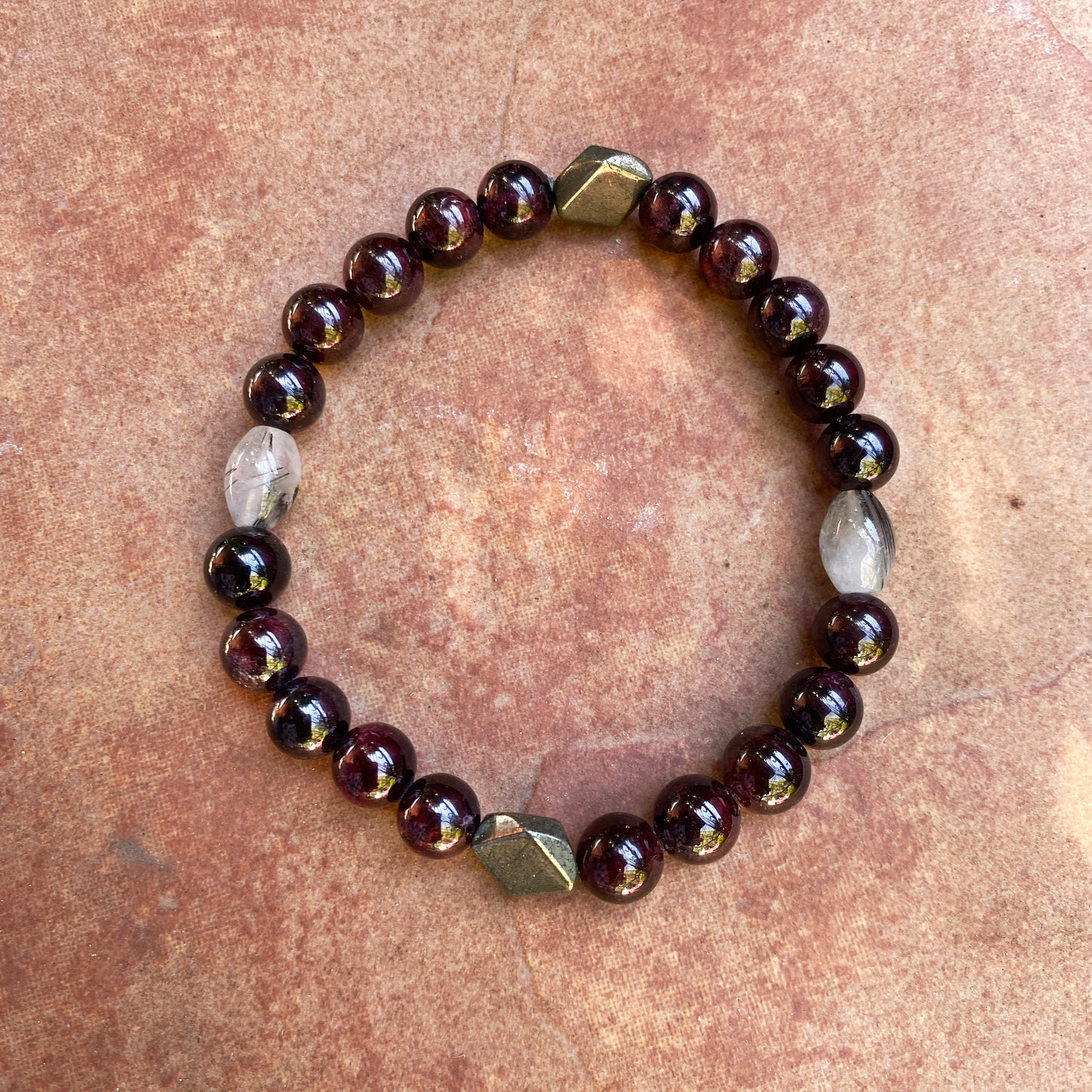 Men's Garnet, Ruitlated Quartz, and Pyrite Gemstone Bracelet