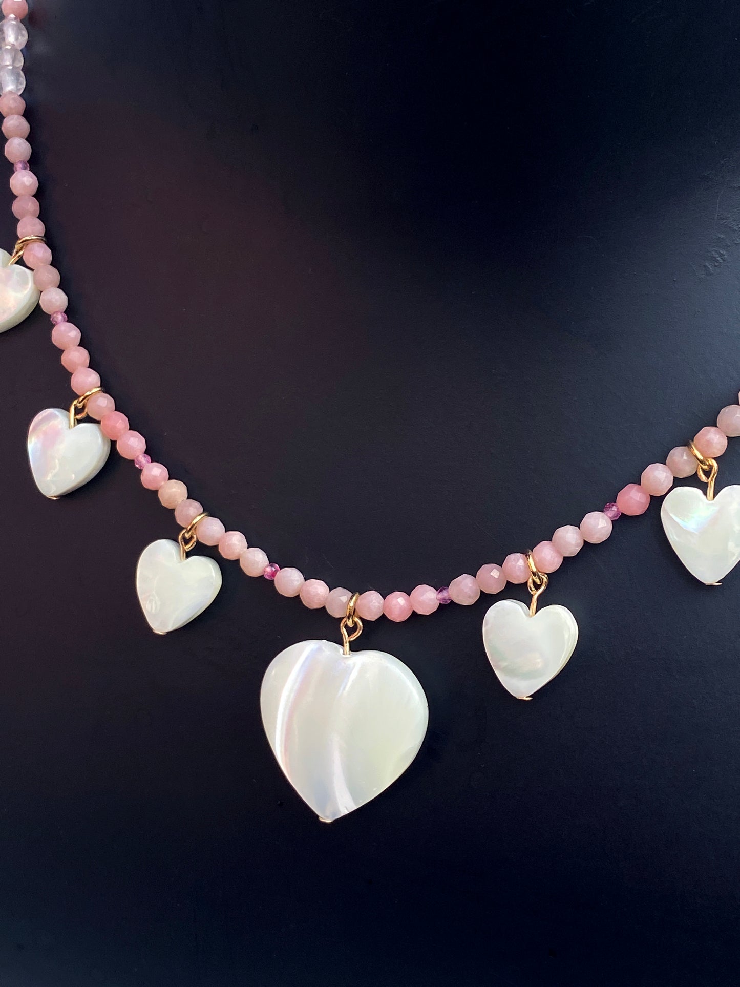 Women’s Mother of Pearl Hearts with Rose Quartz, pink Topaz, and pink Opals