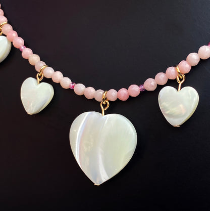 Women’s Mother of Pearl Hearts with Rose Quartz, pink Topaz, and pink Opals