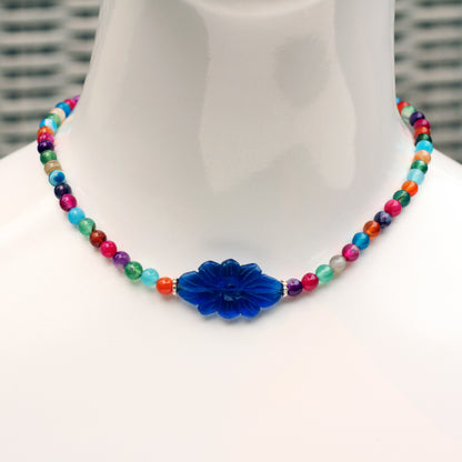 Multicolored Agate Gemstone Necklace with Carved Blue Agate Flower Pendant