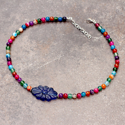 Multicolored Agate Gemstone Necklace with Carved Blue Agate Flower Pendant