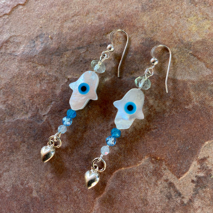 Mother of Pearl Hamsa, fluorite, apatite, blue topaz, aquamarine Gemstone Earrings