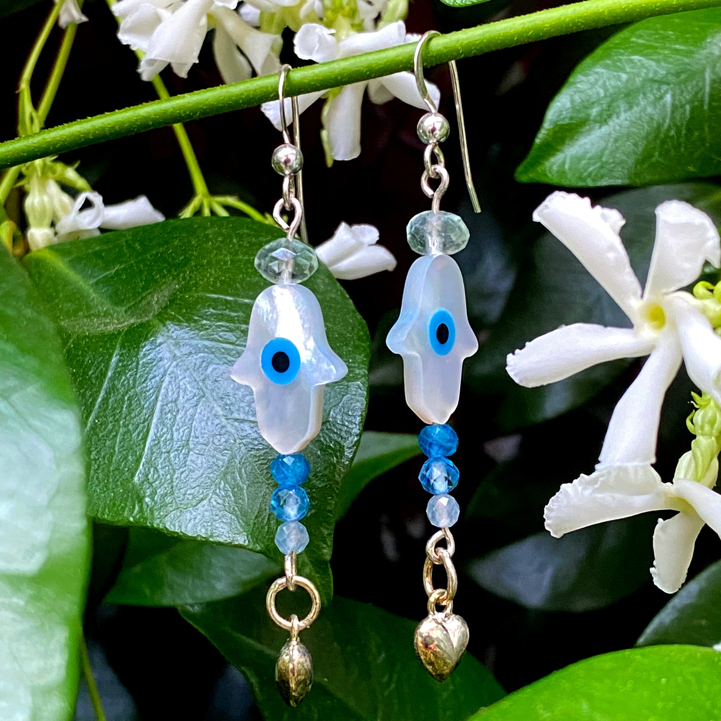 Mother of Pearl Hamsa, fluorite, apatite, blue topaz, aquamarine Gemstone Earrings