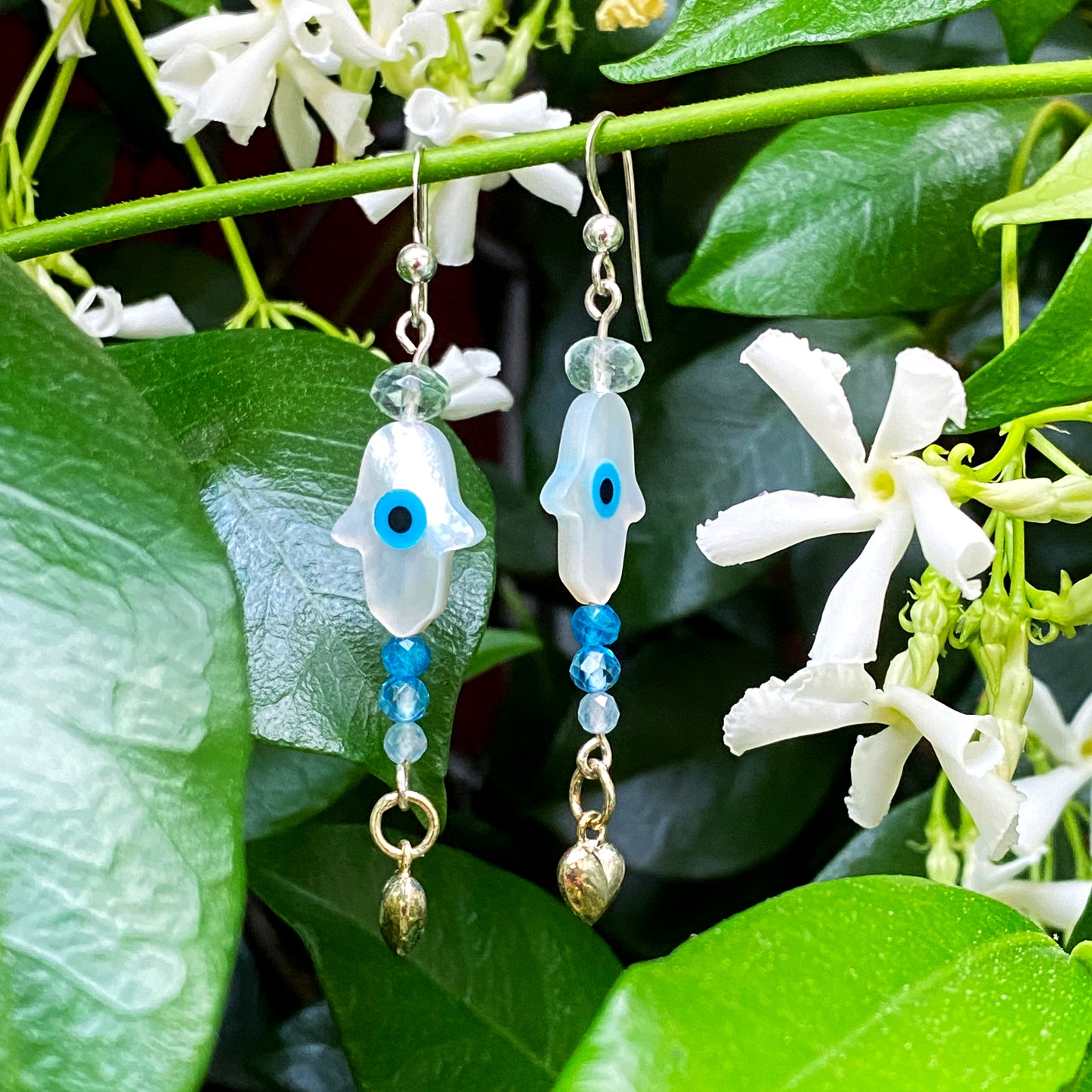 Mother of Pearl Hamsa, fluorite, apatite, blue topaz, aquamarine Gemstone Earrings