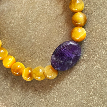 Men’s Golden TigerEye Gemstone Bracelet with Amethyst and Purple Skull stretch bracelet