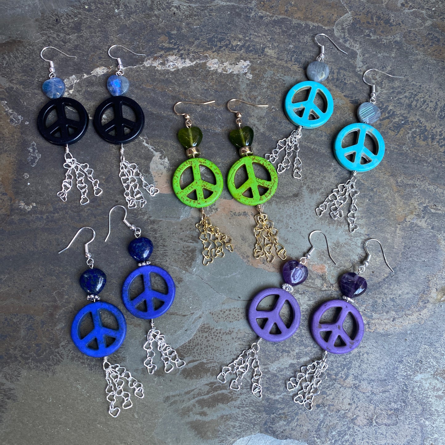 Peace Sign and Various Gemstone Heart Earrings