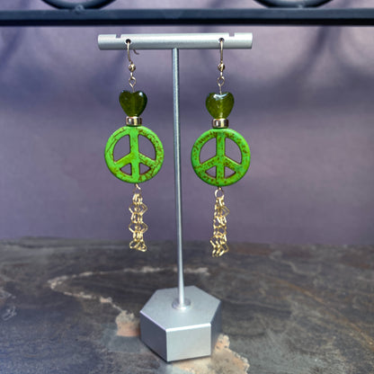 Peace Sign and Various Gemstone Heart Earrings