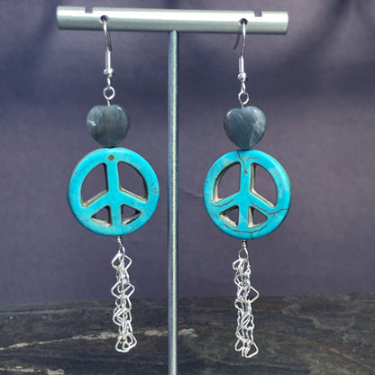 Peace Sign and Various Gemstone Heart Earrings