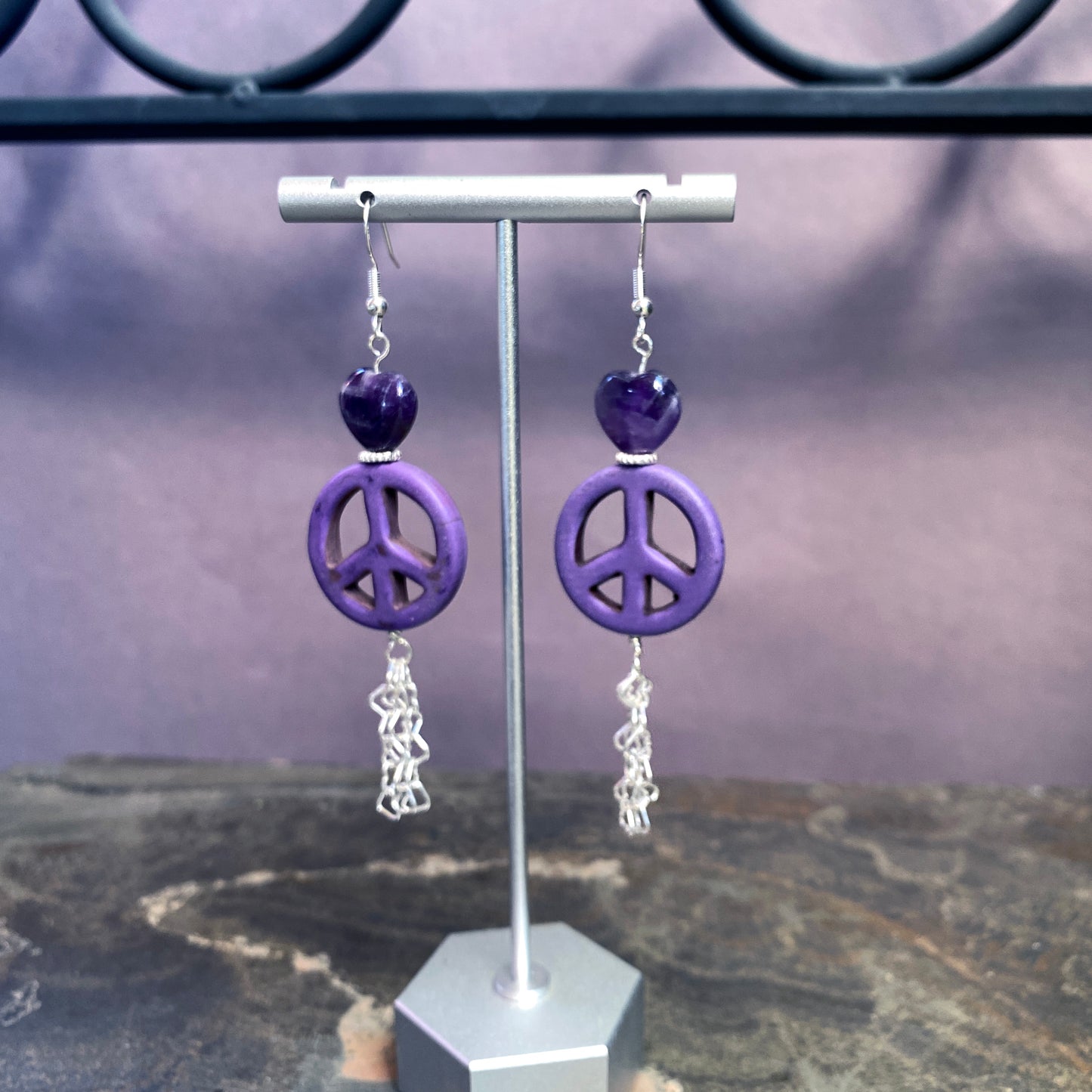 Peace Sign and Various Gemstone Heart Earrings