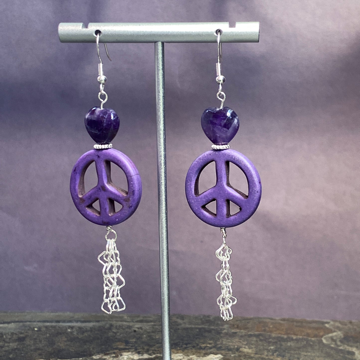 Peace Sign and Various Gemstone Heart Earrings