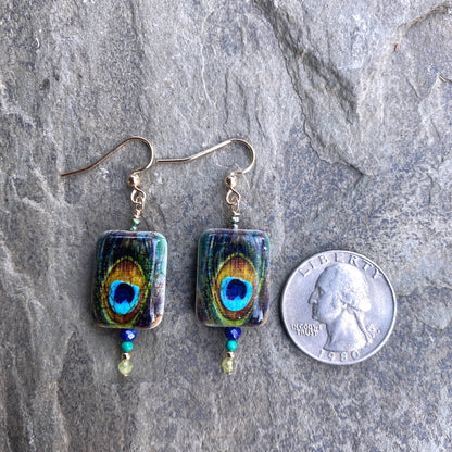 Women's Painted Peacock with Peridot, Turquoise Gemstone Earrings