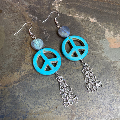 Peace Sign and Various Gemstone Heart Earrings