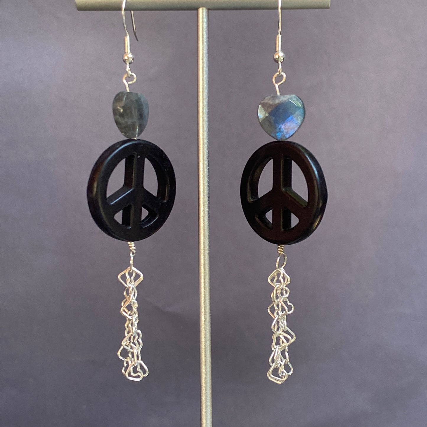 Peace Sign and Various Gemstone Heart Earrings