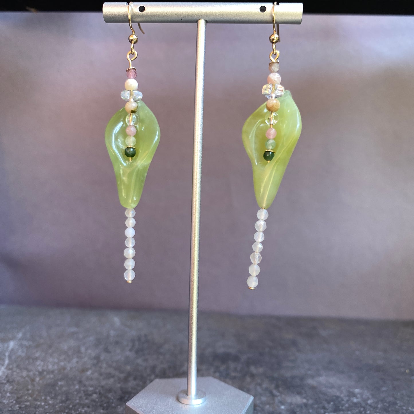 Jade Calla Lily 14 KT GF and Gemstone Drop Earrings