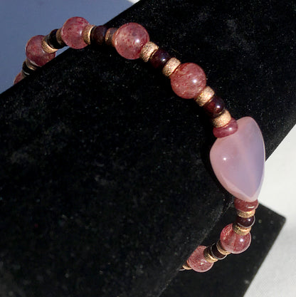 Pink Chalcedony heart, natural Cherry Quartz Gemstone bracelet