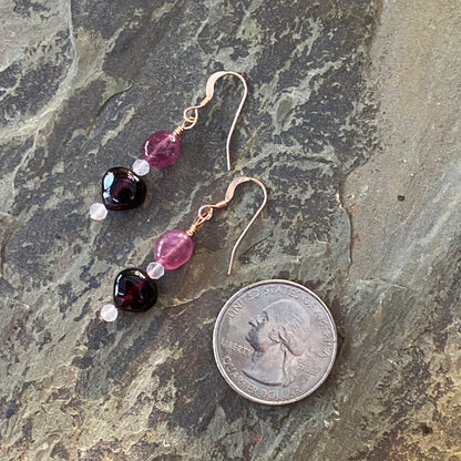 Gemstone earrings with Pink Sapphire, Rose Quartz & Garnet Heart