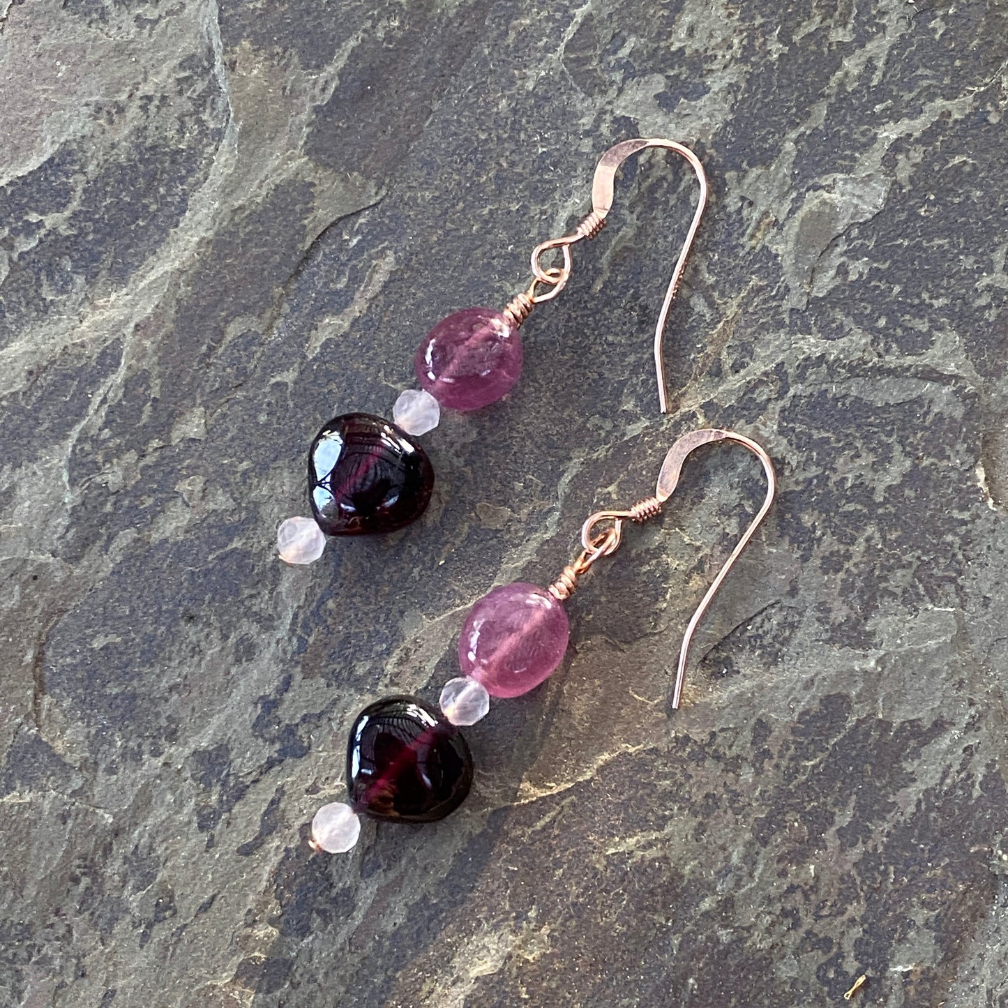 Gemstone earrings with Pink Sapphire, Rose Quartz & Garnet Heart